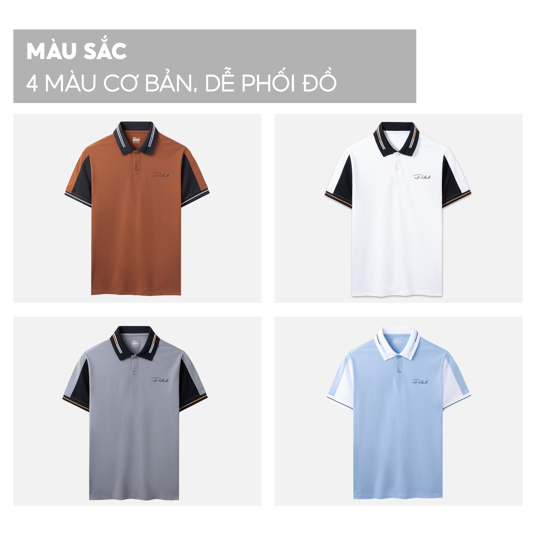 Áo Polo Nam 5S PROTECT Premium, Mềm Mịn, Thấm Hút, Thiết Kế Phối Màu Tay Áo, In Chữ Trẻ Trung, Lịch Lãm