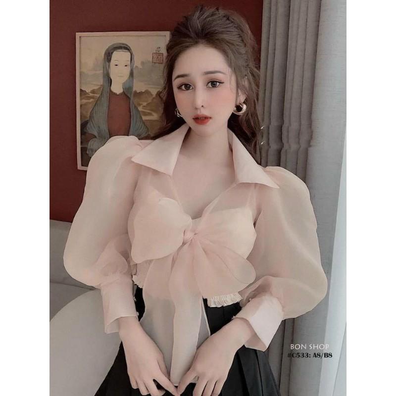 Áo kiểu nữ cột nơ tay lững đính ngọc kèm áo trong