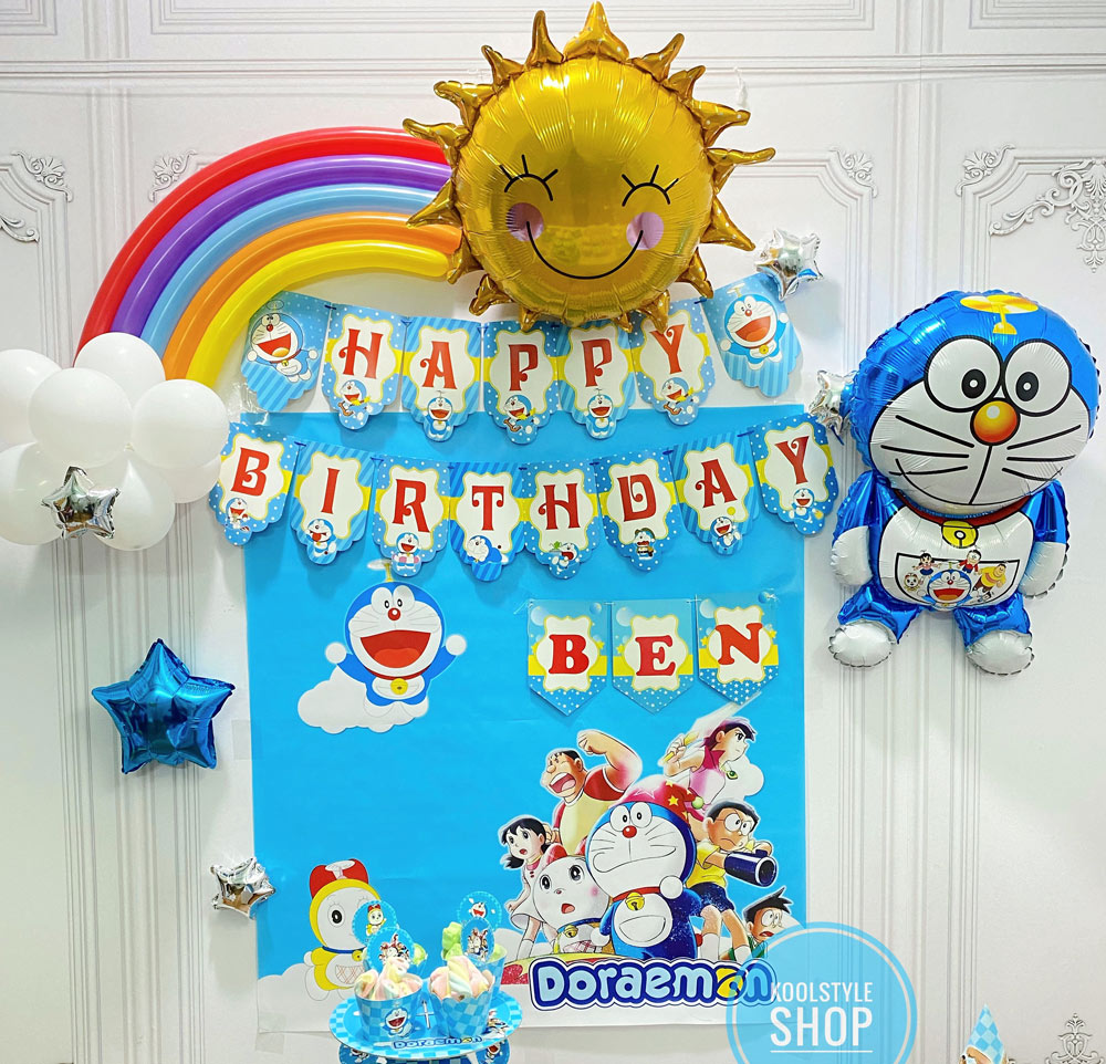 Backdrop phông nền bong bóng sinh nhật Doraemon