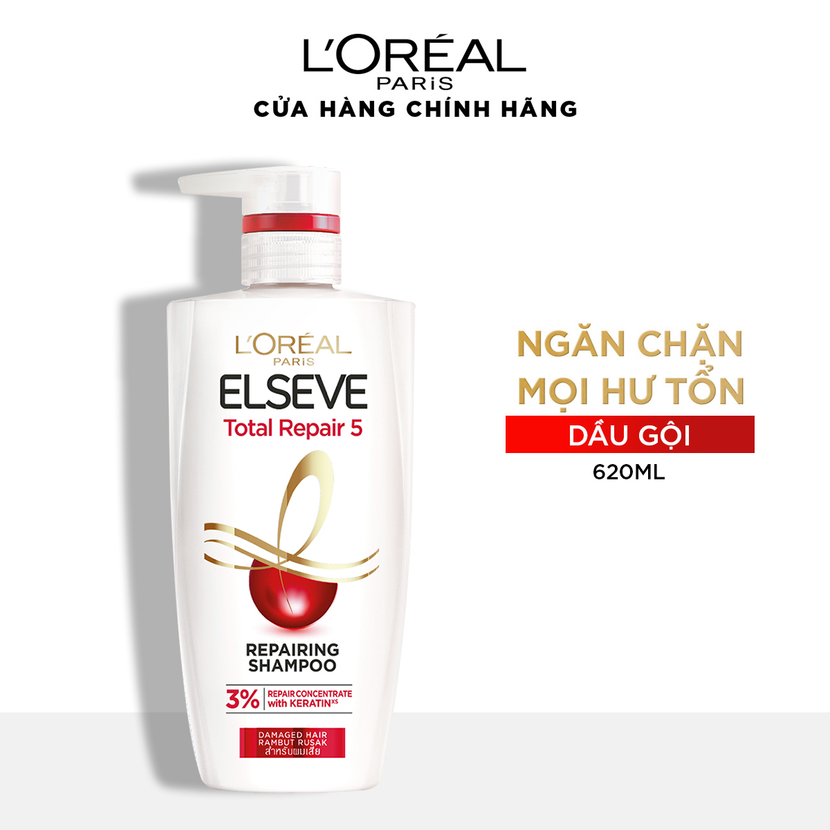 Dầu gội giúp phục hồi tóc hư tổn L'Oréal Paris Elseve Total Repair 5 Filler Repairing Shampoo 620ml