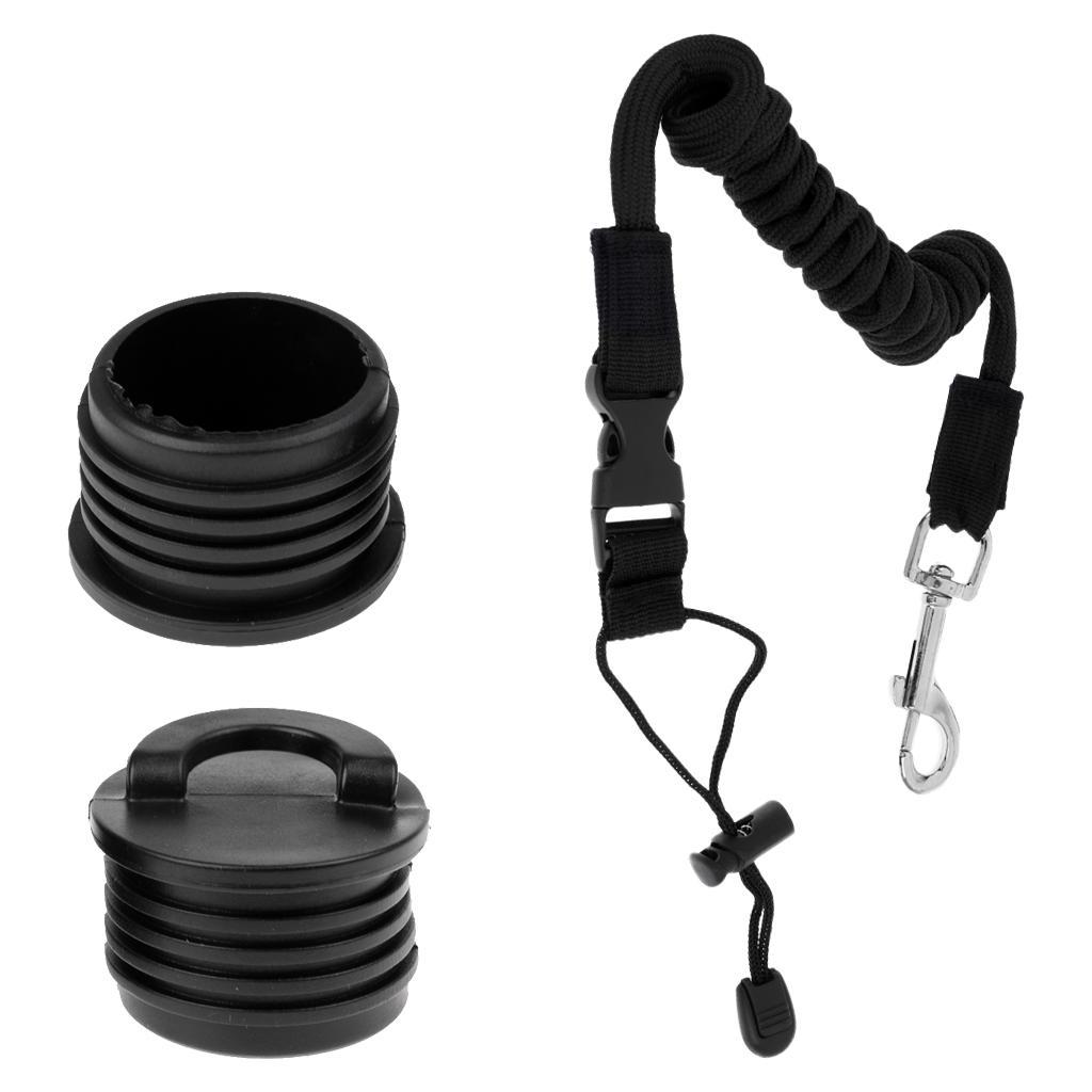 2 Pieces Black Plastic Kayak Scupper Bung Drain Holes Plug + Paddle Leash for Marine Boat Canoe Dinghy