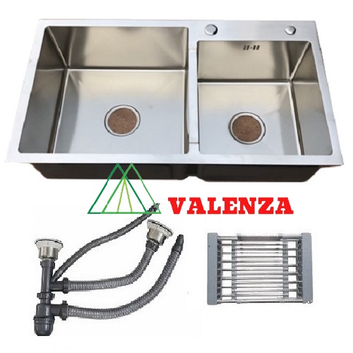 Chậu rửa bát inox sus304 Valenza 7843 hai hố lệch kèm bộ xả chậu, rổ inox đa năng