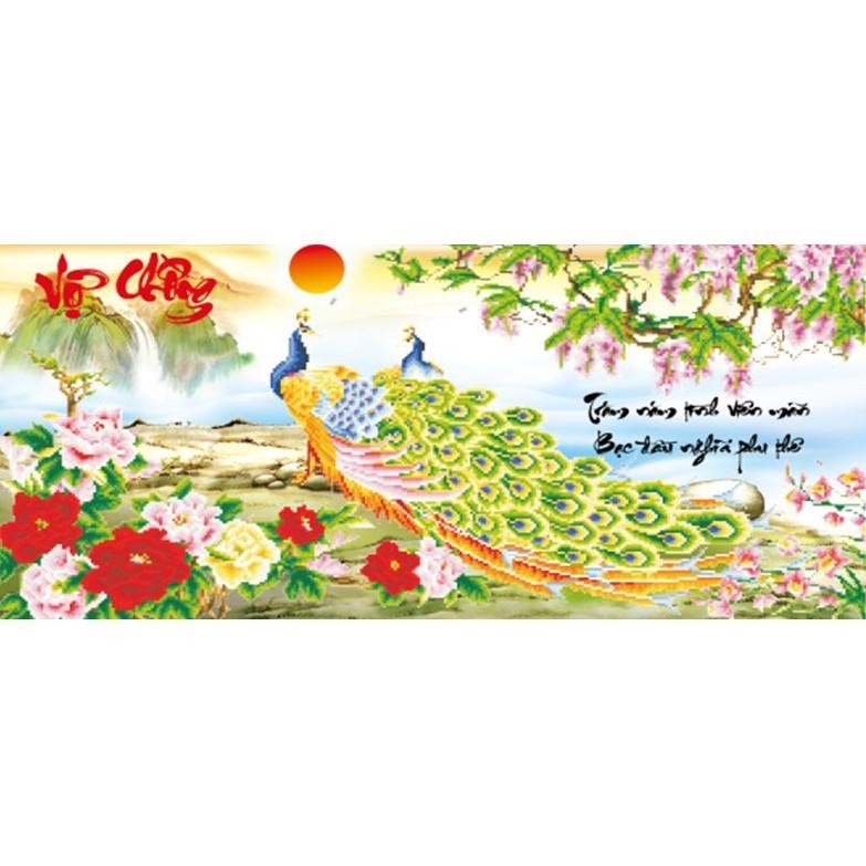 Tranh thêu vợ chồng công hoa tím X8121 - kích thước: 85 * 46cm.