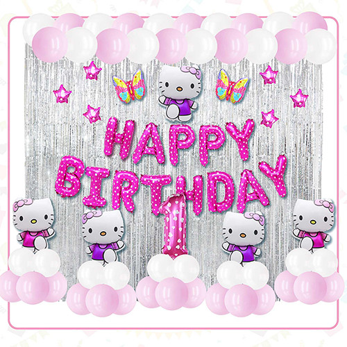 Set bong bóng trang trí sinh nhật cho bé chủ đề Kitty tông màu hồng chủ đạo dễ thương, xinh xắn, đáng yêu YBHP-012