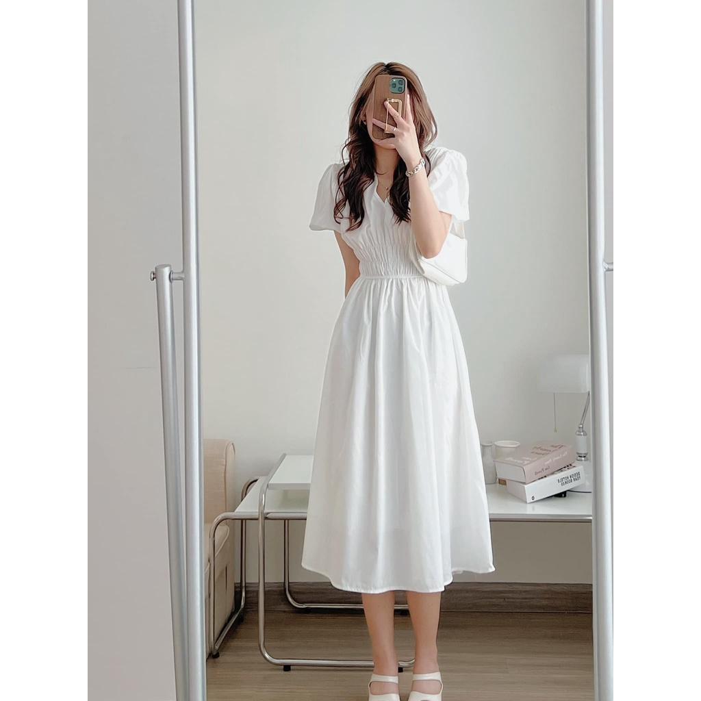 Váy Cổ V Chun Eo Tay Bồng Chât Thô Dáng Dài Nhiều Màu, Labibi