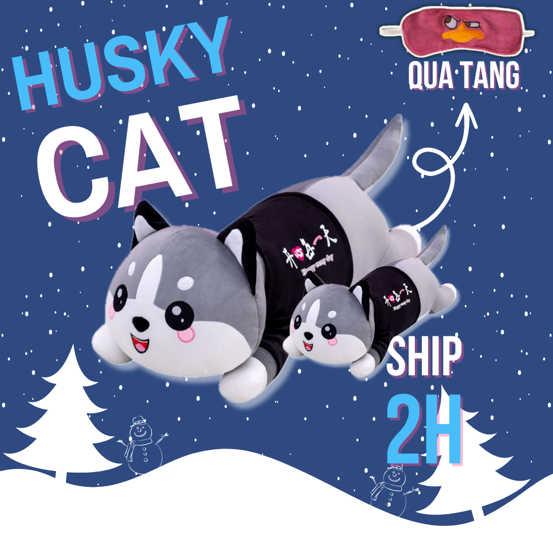 Gối Ôm Hình Thú Mèo Husky - Gấu Bông Mèo Mắt Tròn Siêu To Khổng Lồ Đáng Yêu Làm Quà Tặng Ý Nghĩa-Mềm Mịn Co Giãn 4 Chều