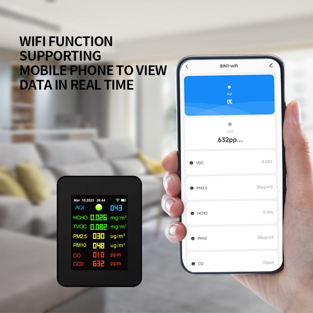 Tuya Wifi Portable Air Quality Meter 7in1 PM2.5 PM10 Carbonic Oxide Carbon Dioxide TVOC HCHO AQI Tester TFT Color Screen Carbon Dioxide Detector with Time and Date Display Function
