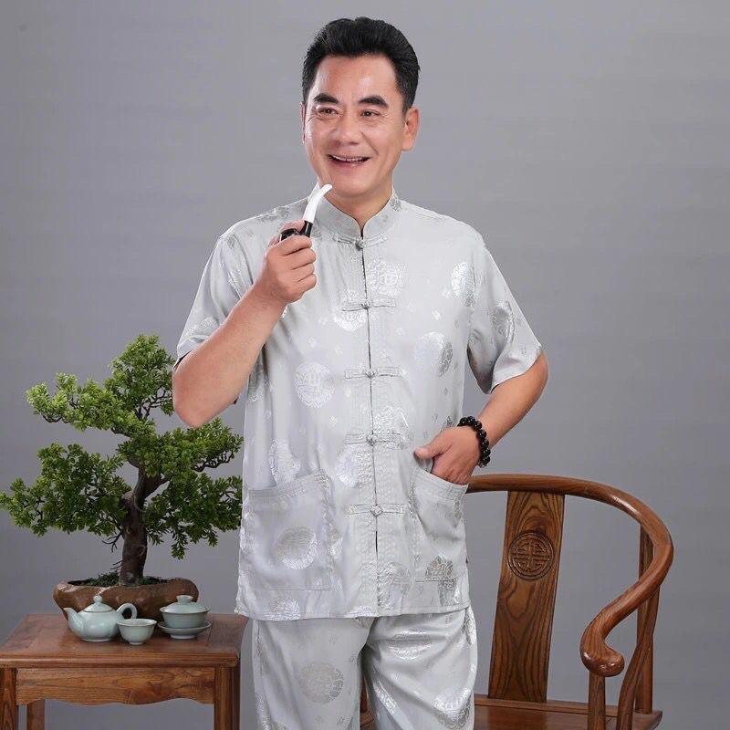 Bộ lam đi chùa, bộ quần áo vải lụa băng ngắn tay cổ tàu thời trang nam,bộ gấm nam trung niên cho bố
