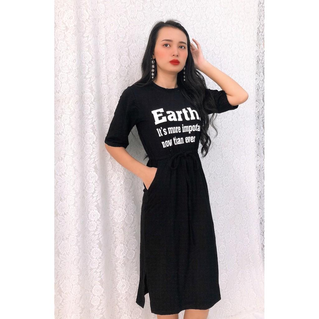 Đầm suông thun rút eo, xẻ tà