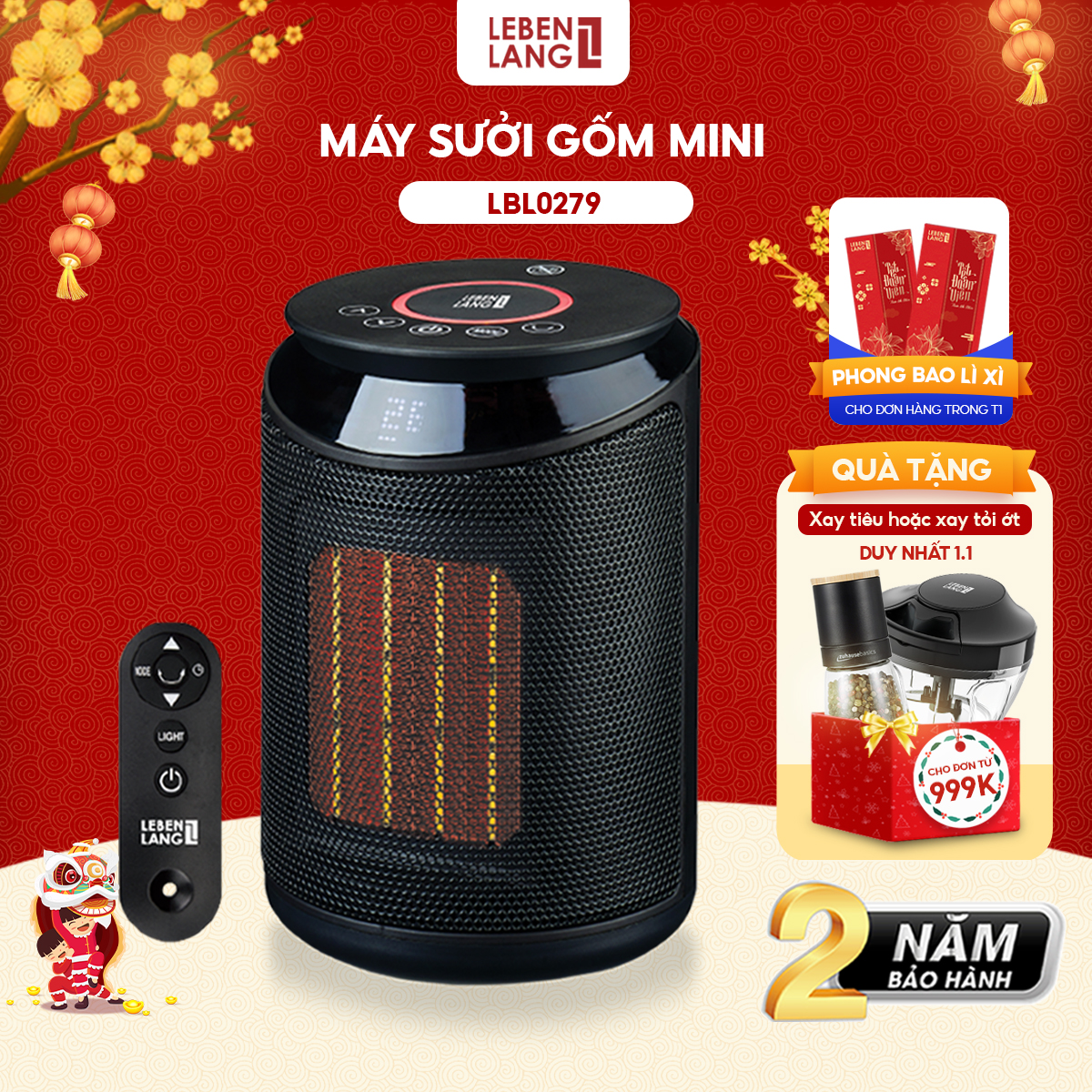 Máy sưởi mini Lebenlang LBL0279, quạt sưởi gốm điện tự ngắt tiết kiệm điện không đốt oxy, an toàn cho gia đình - hàng chính hãng