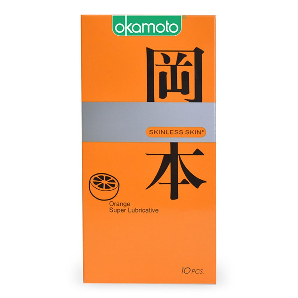 BAO CAO SU OKAMOTO SKINLESS SKIN ORANGE LUBRICATED (HƯƠNG CAM HỘP 10 CÁI) CHÍNH HÃNG NHẬT BẢN