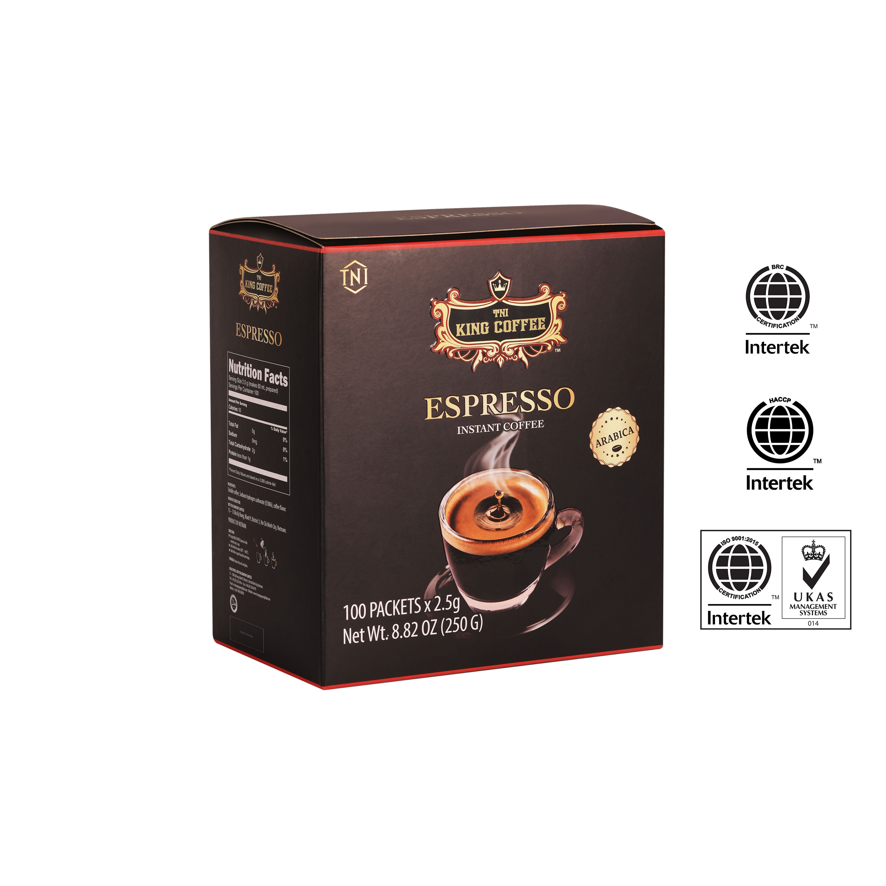 Combo 1 Cà Phê Hòa Tan Espresso KING COFFEE - Hộp 100 gói x 2.5g + Tặng 1 Cà Phê Sữa PLUS Hòa Tan 3in1 KING COFFEE - Hộp 10 gói x 20g