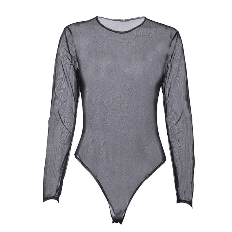 Bodysuit Dài Tay Ôm Body Cổ Tròn Lưới Xuyên Thấu cho Nữ