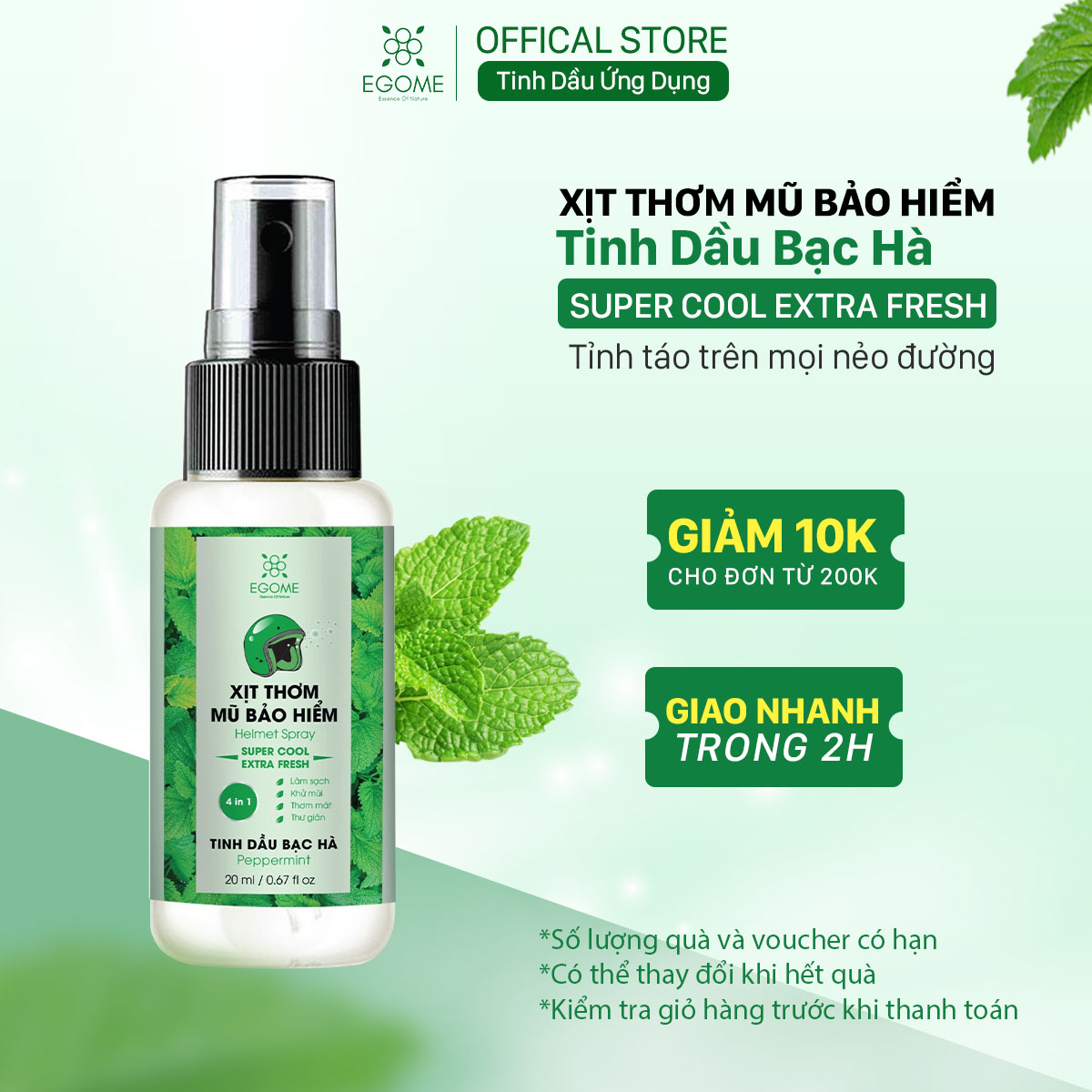 Xịt Thơm Mũ Bảo Hiểm Egome Tinh Dầu Bạc Hà làm sạch, khử mùi mũ bảo hiểm 20ml