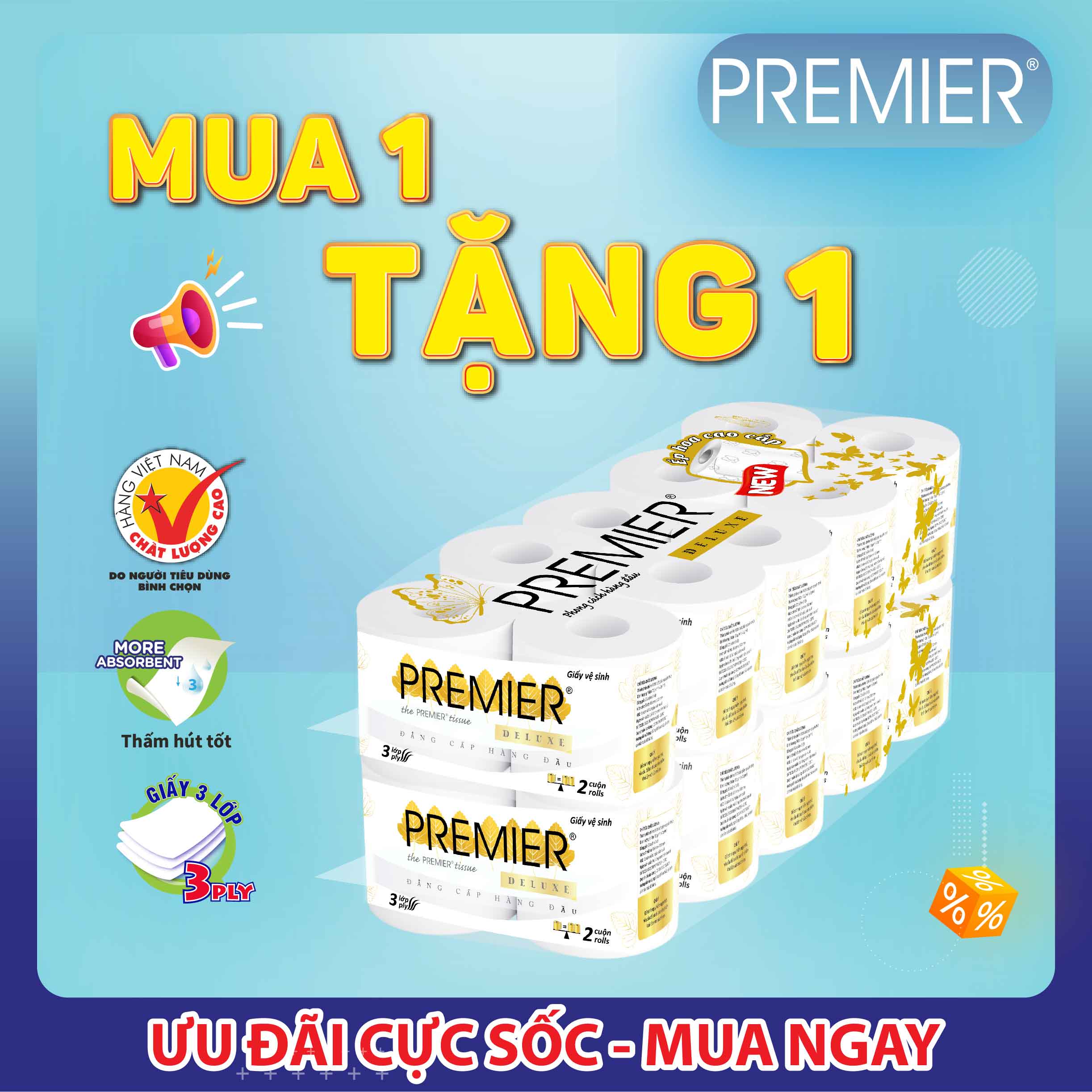 Combo Mua 1 Tặng 1 - Giấy vệ sinh PREMIER Deluxe đóng cặp 