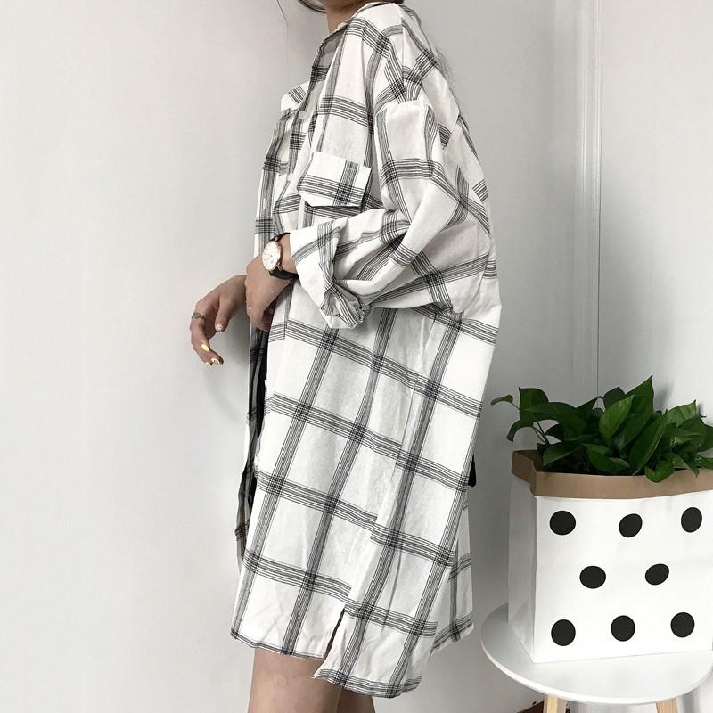 Áo sơ mi caro tay dài có túi thời trang cho nữ