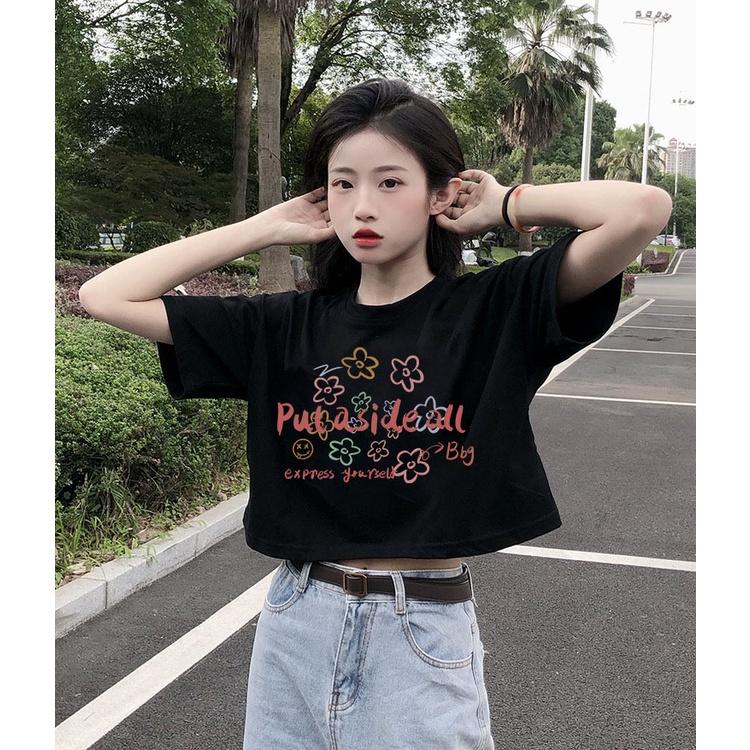 Áo croptop nữ tay ngắn cổ tròn vải thun cotton kiểu hàn quốc CR033 Miucho in hình hoạ tiết