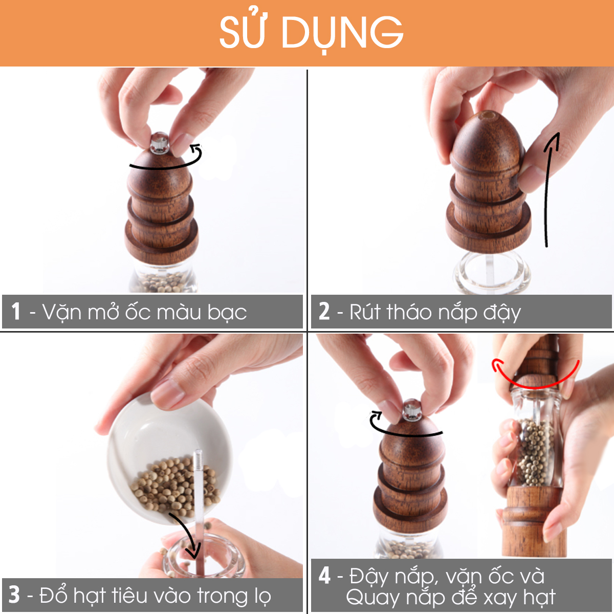 Máy xay tiêu cầm tay vỏ gỗ kết hợp acrylic trong suốt , dụng cụ xay hạt tiêu với lõi gốm bền bỉ
