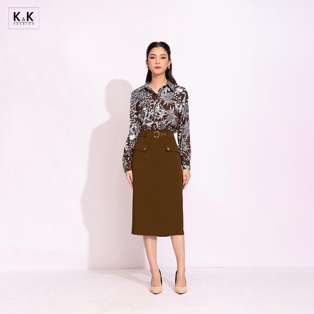 Chân Váy Bút Chì Phối Thắt Lưng  K&amp;K Fashion CV05-22 Chất Liệu Carolan Cao Cấp