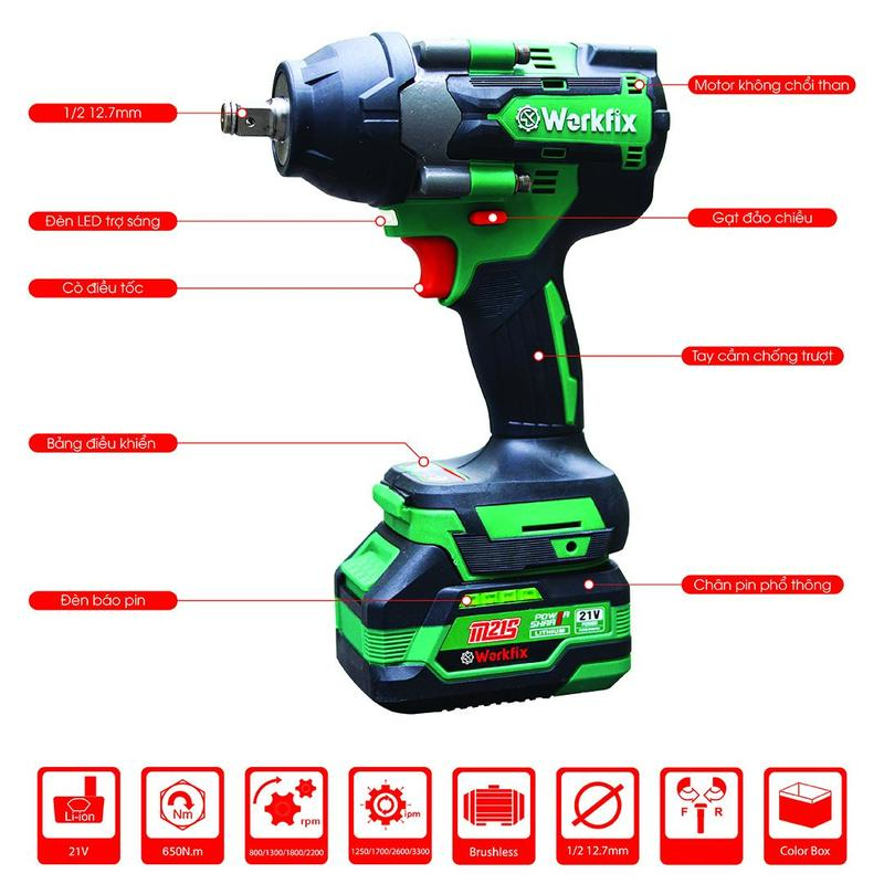 Máy Siết Bulong Workfix 650N.m 2 Pin 21V/4Ah PLUS - IW650NBL - Lực Siết 650N mở ốc lớn  - 4 Cấp Tốc Độ - Motor Brushless - Chân Pin Phổ Thông PLUS - Bảo Hành Chính Hãg 6 Tháng