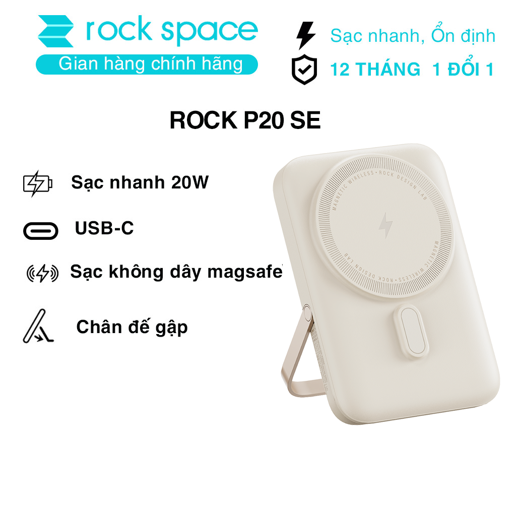 Pin sạc dự phòng không dây kèm giá đỡ điện thoại Rockspace P20 SE sạc nhanh PD 20W 10000mAh - Hàng chính hãng bảo hành 12 tháng