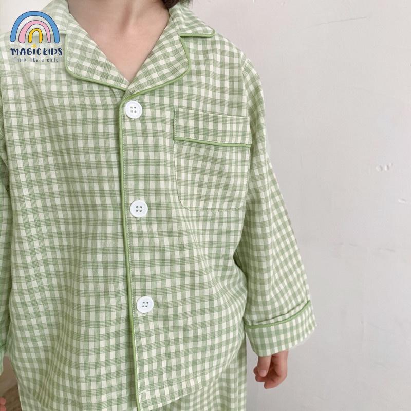 Đồ bộ dài tay pijama bé trai, bé gái Magickids kẻ caro dễ thương chất kẻ xốp Hàn Quốc Đồ ngủ mẫu mới 2022 BR22028