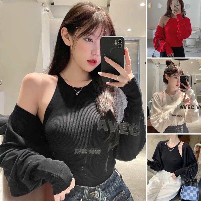SET áo khoác yếm croptop chất bo gân dày tôn dáng che khuyết điểm bắp tay to vai thô ơi