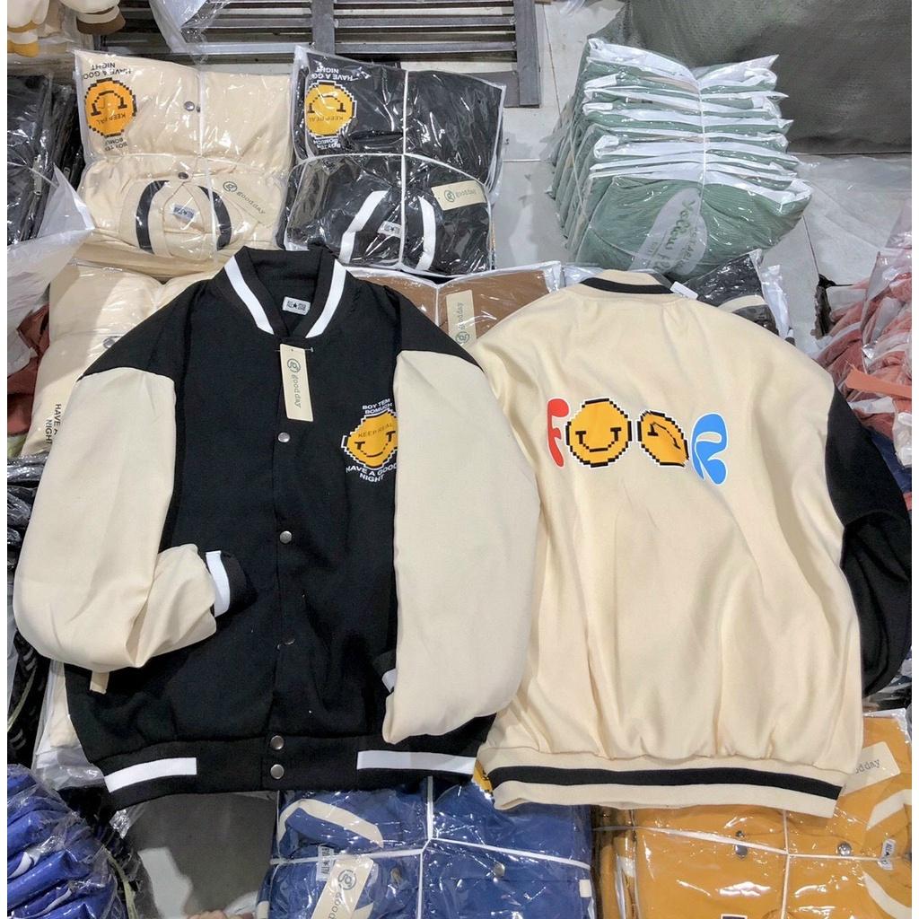Áo khoác Bomber nhung Da Lộn 2 Lớp Hình Mặt Cười unisex Hottrend