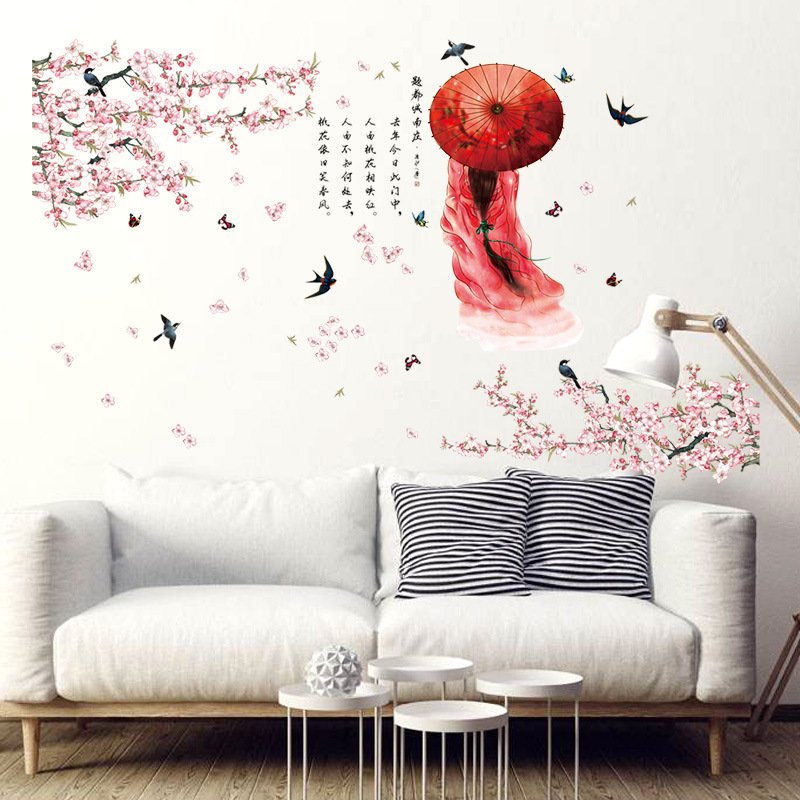 Decal dán tường hoa đào cô gái cổ trang