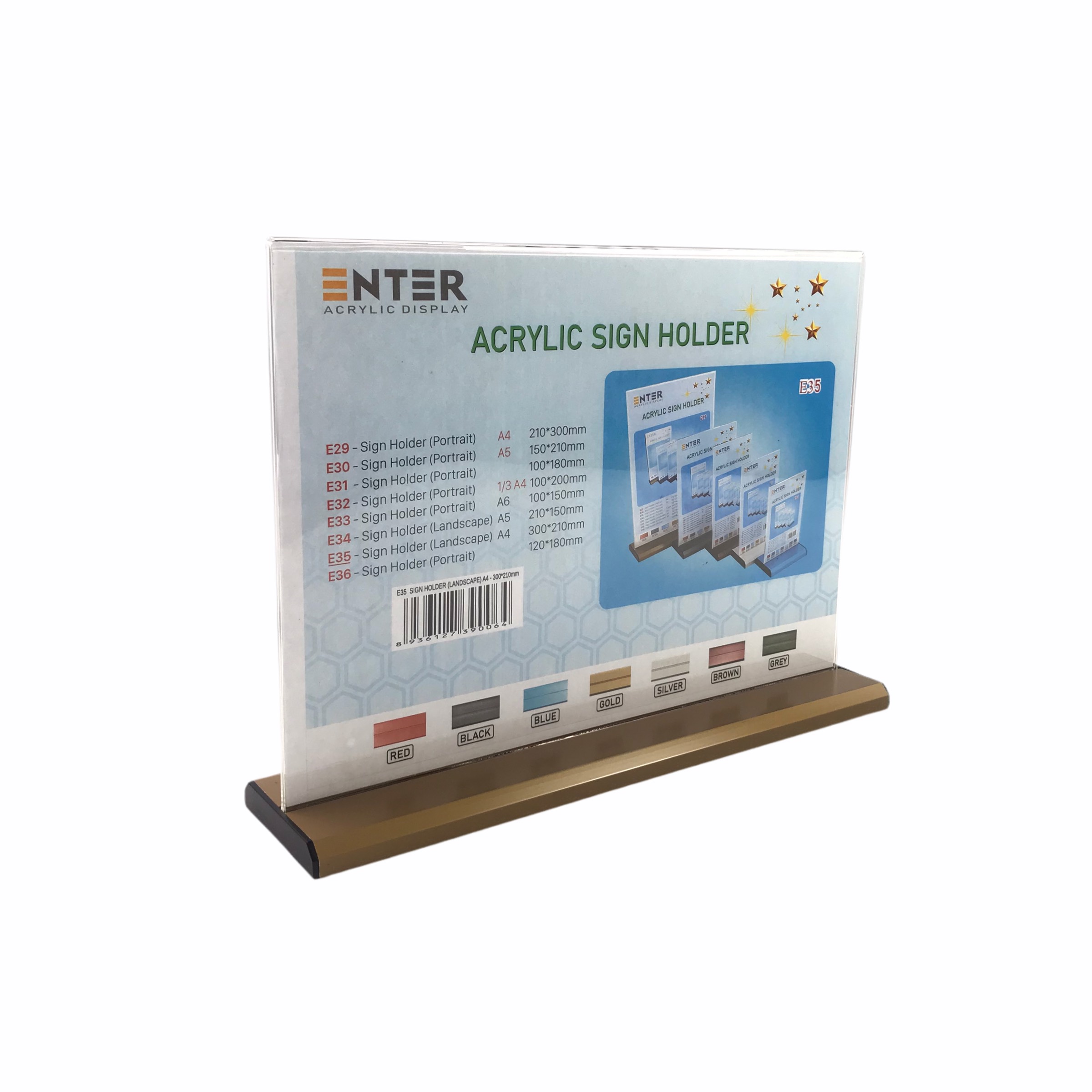 Kệ menu nhà hàng, Standee mica để bàn, Bảng quét mã QR Code, Kệ mica 2 mặt Enter E35 300x210mm đế nhôm A4 ngang