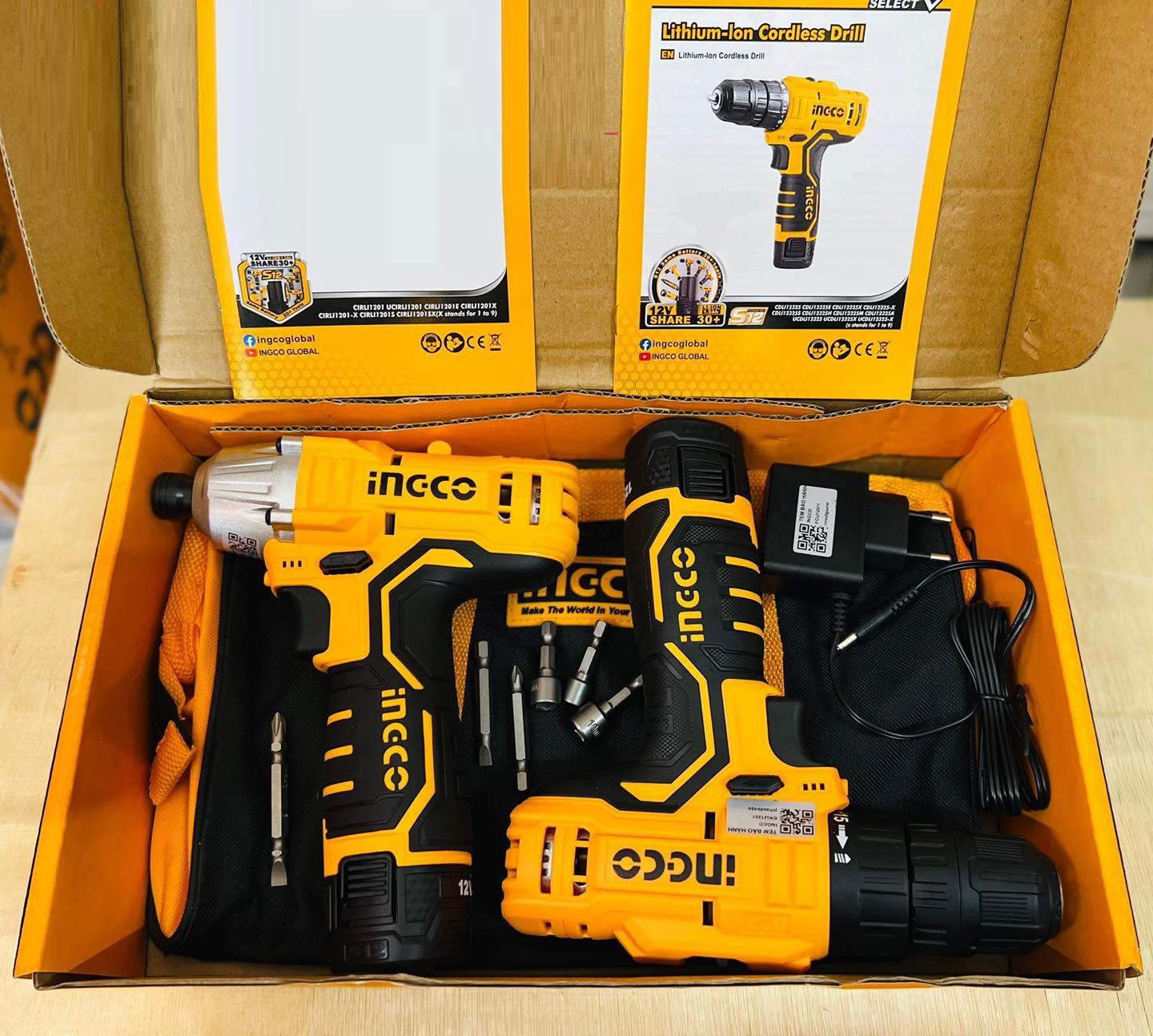 BỘ MÁY KHOAN VÀ MÁY SIẾT VÍT DÙNG PIN 12V INGCO CKLI1201 - HÀNG CHÍNH HÃNG