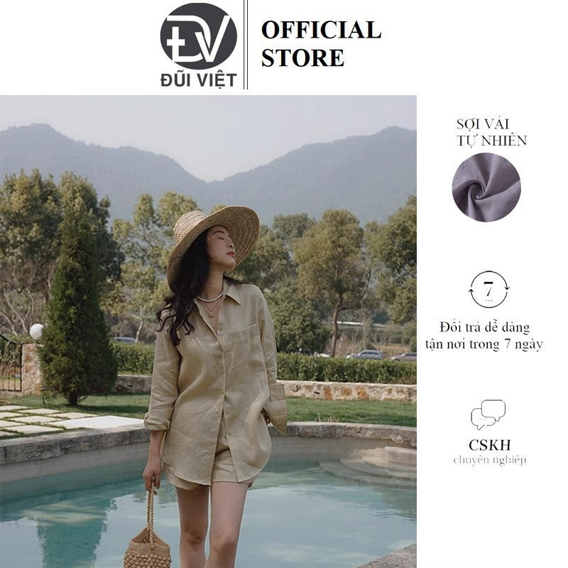 Bộ sơ mi nữ màu be nhẹ nhàng phong cách vintage Hàn Quốc, chất linen mềm mát Đũi Việt DV05