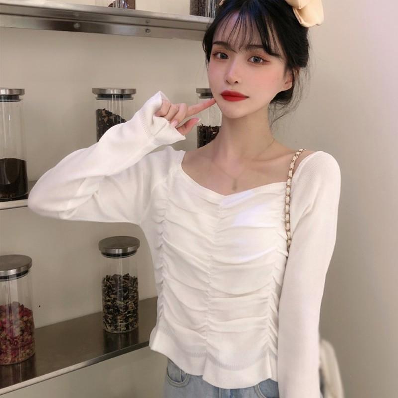 Áo Dệt Kim Tay Dài Cổ Vuông Màu Trơn Thanh Lịch