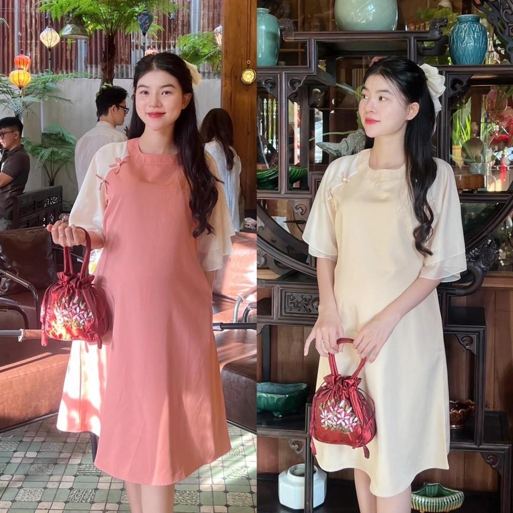 Đầm bầu thiết kế kiểu Áo dài cách tân Chất Cotton Lạnh đính nơ xinh xắn, thanh lịch - Vàng