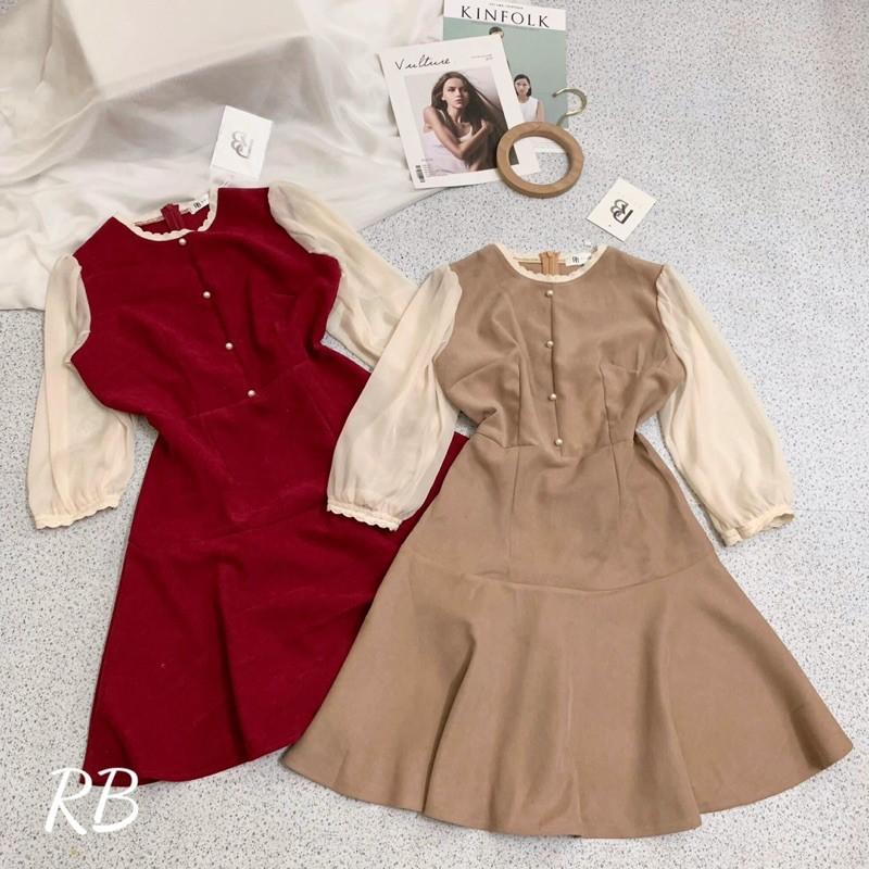 Váy cổ phối tay tơ ren tiểu thư