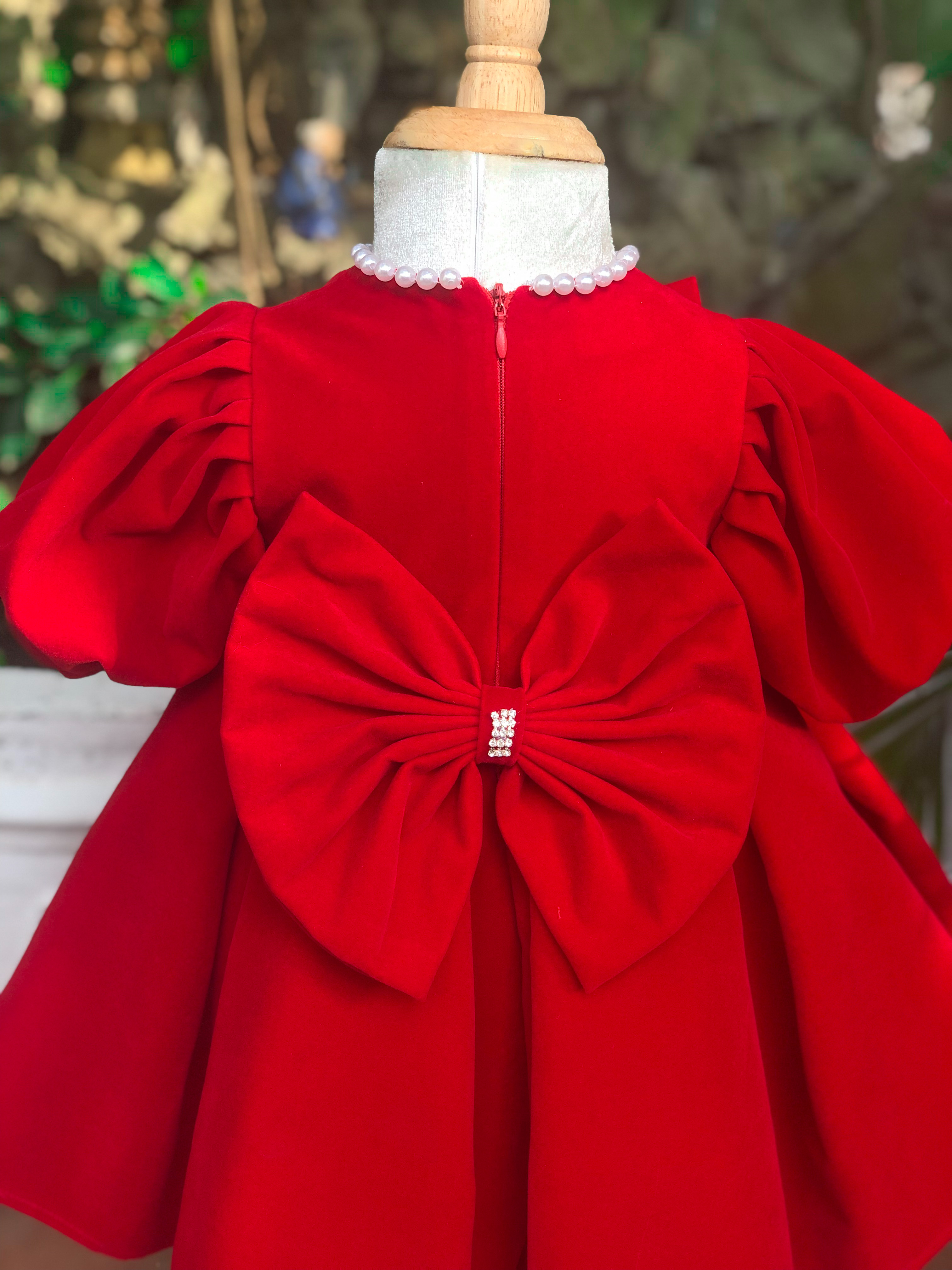 Váy nhung đỏ cho bé gái, váy Tết cho bé gái BabyShine chất nhung cao cấp, mềm mại, váy có 3 lớp mặc rất thoải mái và ấm áp, size 8kg-26kg