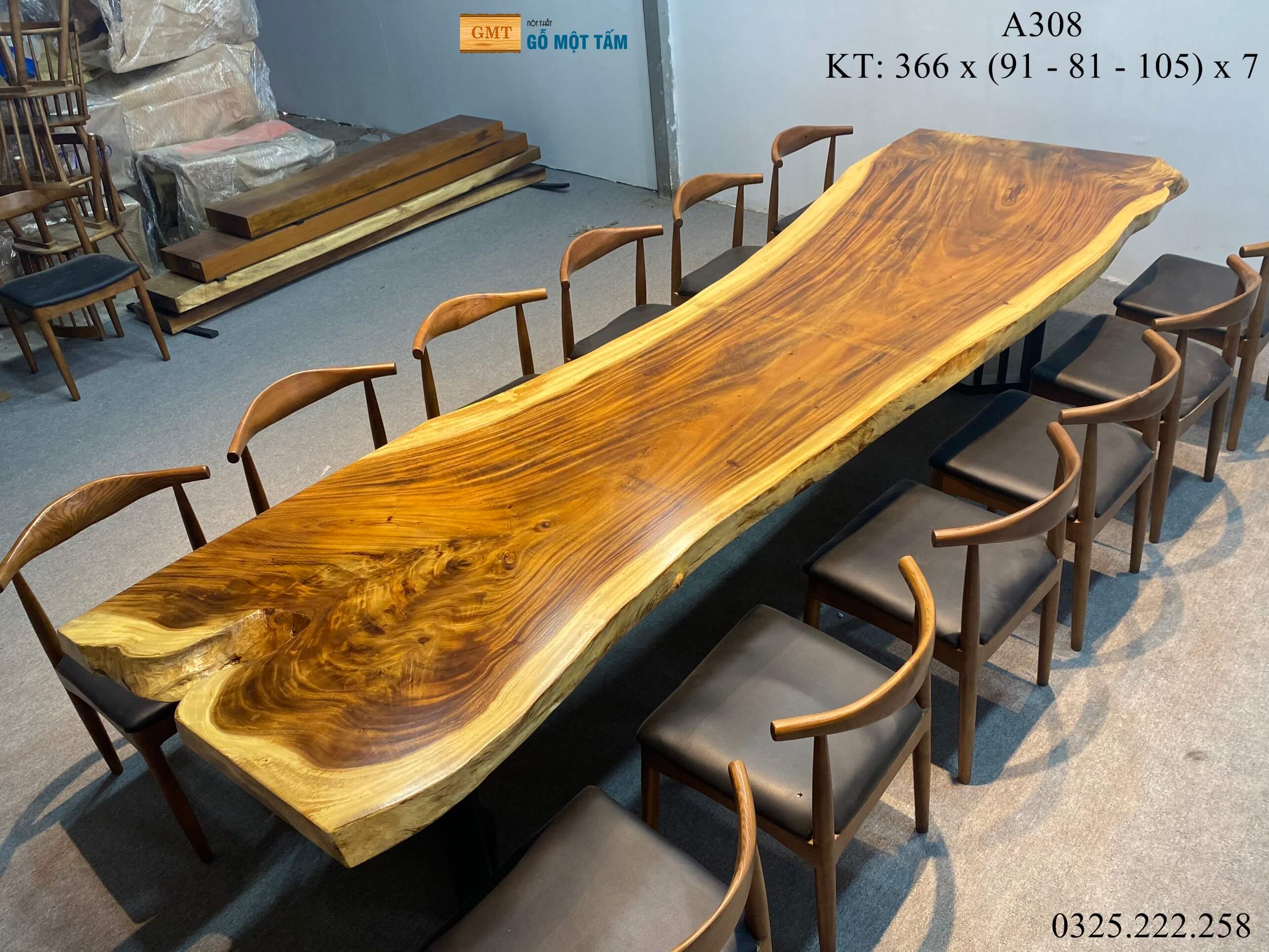 Bàn Cafe Gỗ Me Tây, Bàn Sân Vườn Gỗ Me Tây, Bàn Gỗ Me Tây Nguyên Tấm Dài 3,66m Rộng 1,05m Dày 7cm