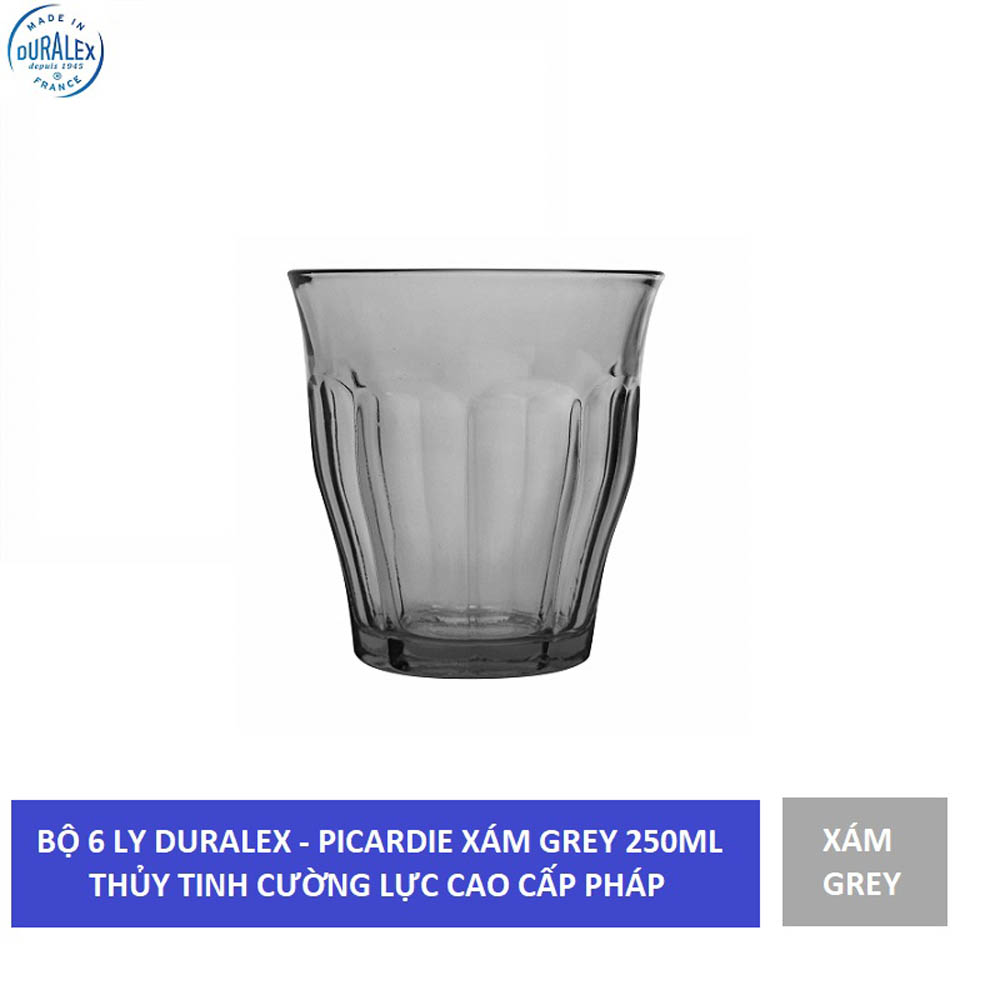 Bộ 6 ly D1027H Duralex - Picardie Xám Grey 250ml Thủy tinh cường lực cao cấp Pháp