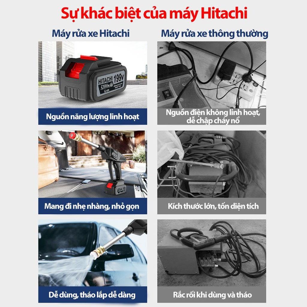 Máy rửa xe chạy pin hitachi 199v,tặng kèm bình tạo bọt