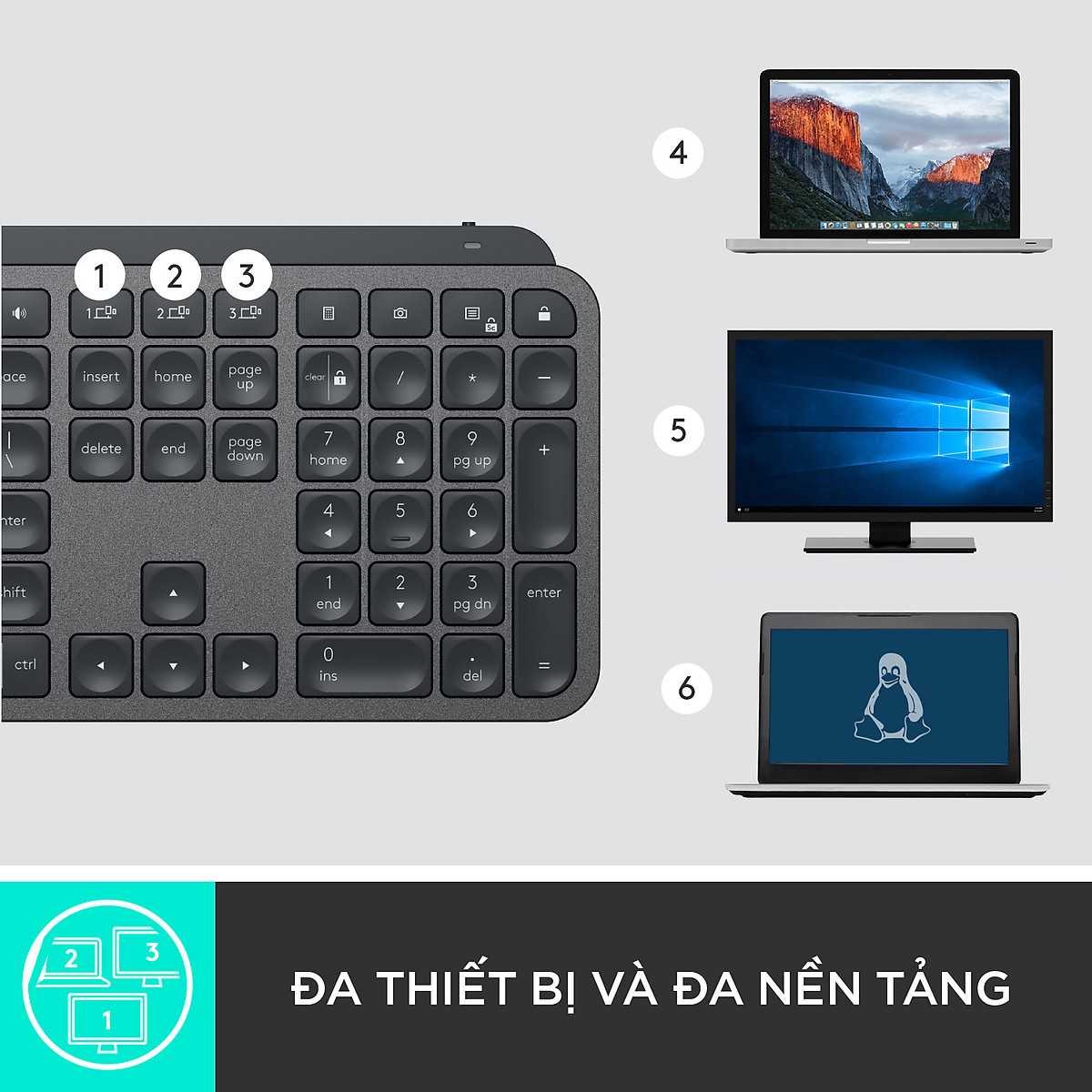 Bàn phím không dây Bluetooth Logitech MX Keys - đa thiết bị, sạc nhanh, Mac/ PC -Hàng chính hãng