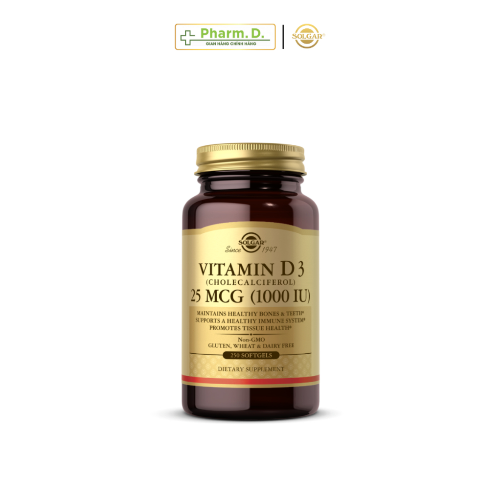 Viên Uống Solgar Bổ Sung Vitamin D3 25mcg 1000IU Hỗ Trợ Tăng Cường hấp Thụ Canxi (Hộp 90 Viên)