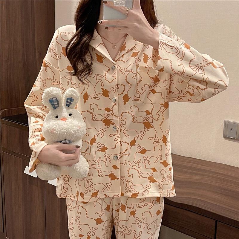 Đồ Mặc Nhà Pijama, Đồ Bộ Nữ Cotton Áo Dài Quần Dài Màu Kem Dễ Thương DDCP06