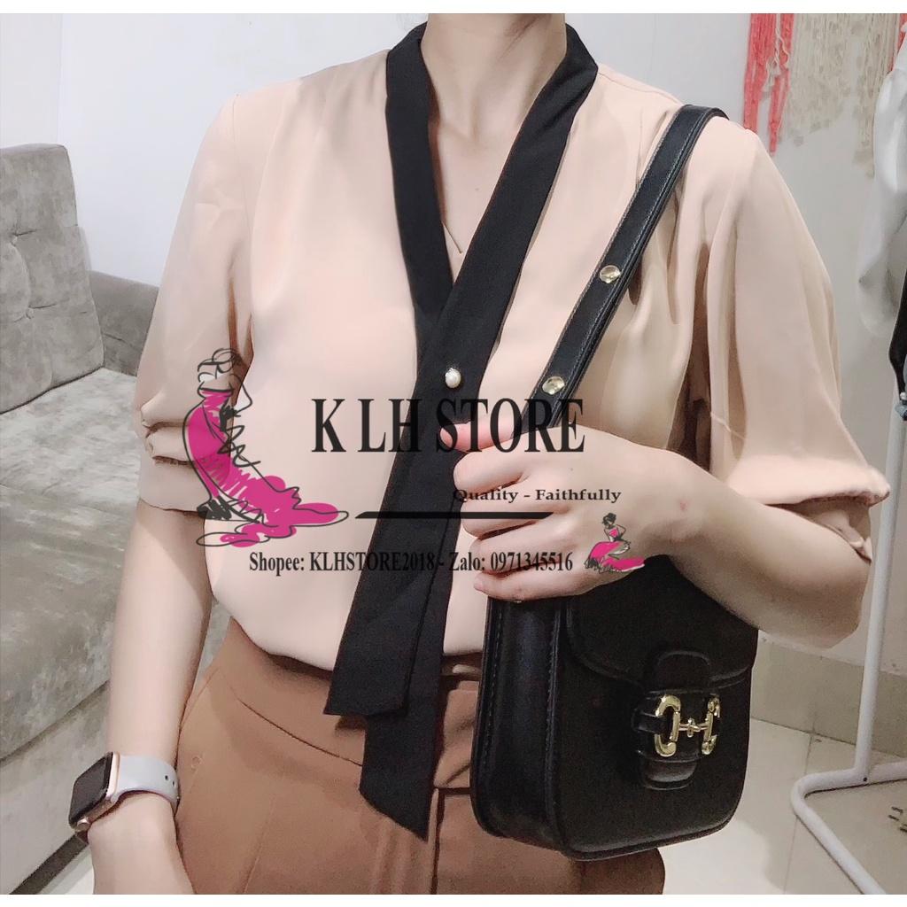 7. KLHSTORE2018 Áo sơ mi nữ màu da/ nude tay ngắn cổ viền đen dây thả đính hạt