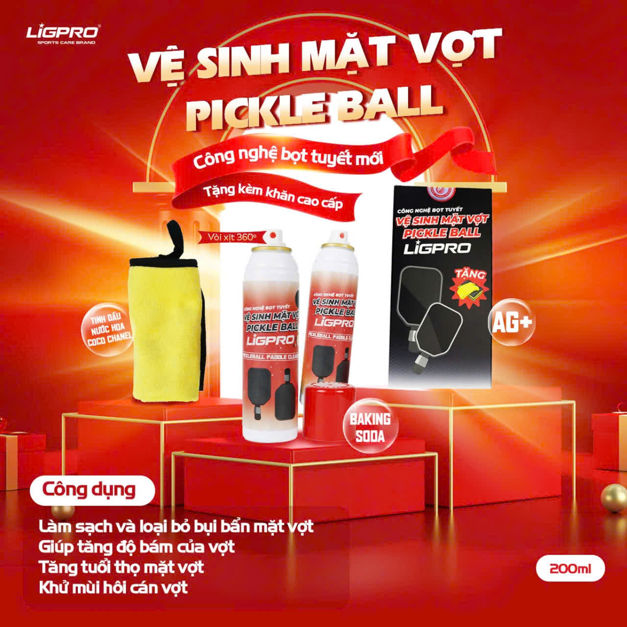 Chai xịt bọt vệ sinh vớt Pickleball, 200ml, tặng 1 khăn lau