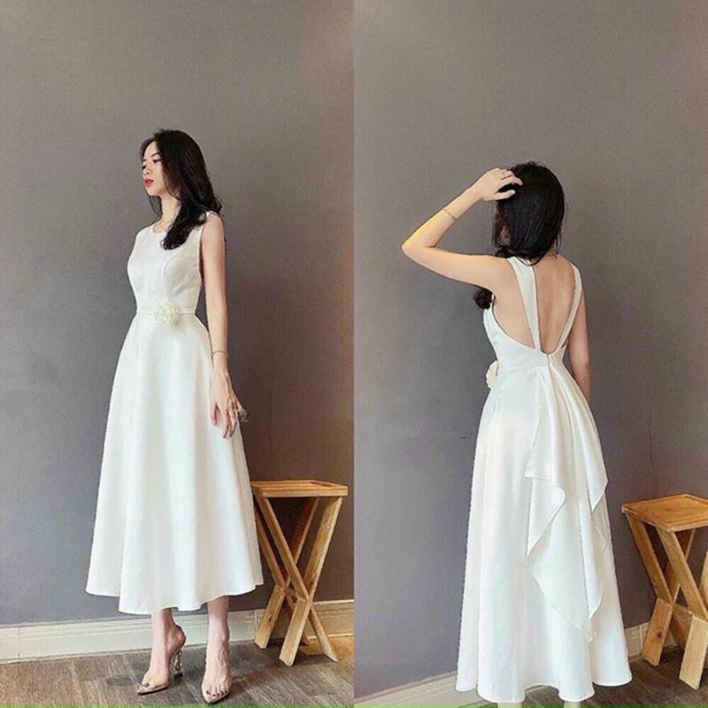 Đầm 2 dây hở lưng kèm hoa có mút ngực - Ic5HM