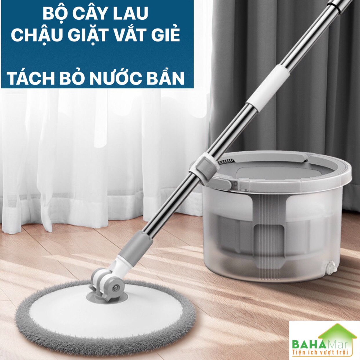 BỘ CÂY LAU SÀN   CHẬU GIẶT VẮT GIẺ CÓ TÁCH BỎ NƯỚC BẨN  BAHAMAR  thuận tiện lau và giặt giẻ