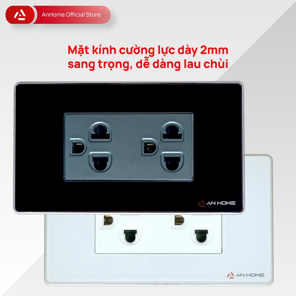 Ổ cắm điện mặt kính cường lực chữ nhật 3 chấu viền mạ Champagne AnHome GR-U3