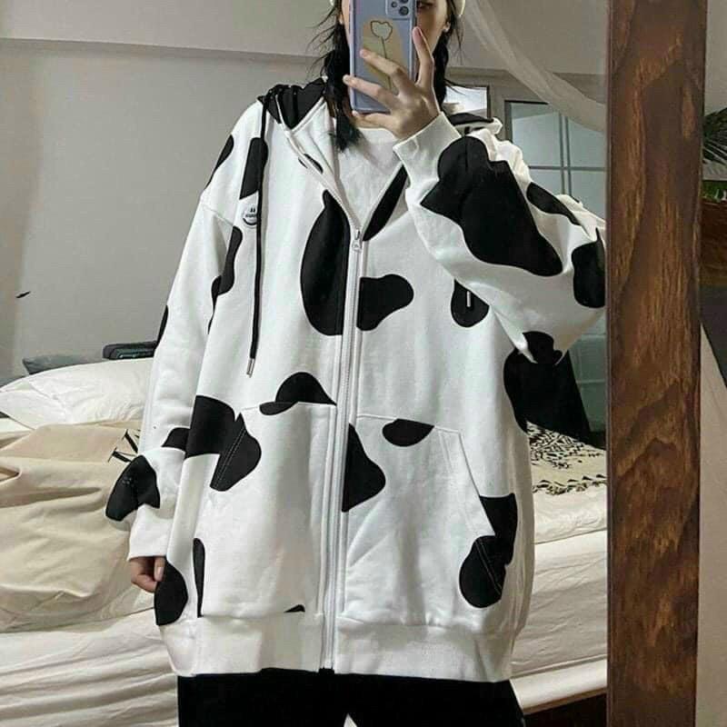 Áo Khoác Hoodie Unisex Bò Sữa Form Rộng Có Dây Kéo Siêu Cute