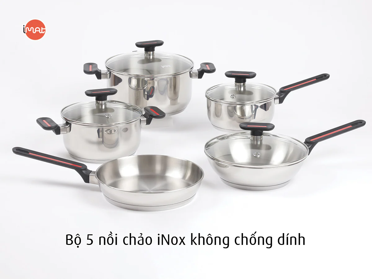 iMAT chính hãng: bộ 5 nồi chảo inox không chống dính gồm quánh 18| nồi 20| nồi 24| chảo chiên 24| Chảo xào 24cm
