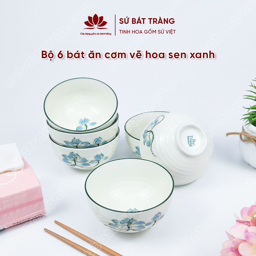 Bộ bát ăn cơm vẽ hoa sen xanh sứ Bát Tràng đẹp - Bộ 10 và 6 bát